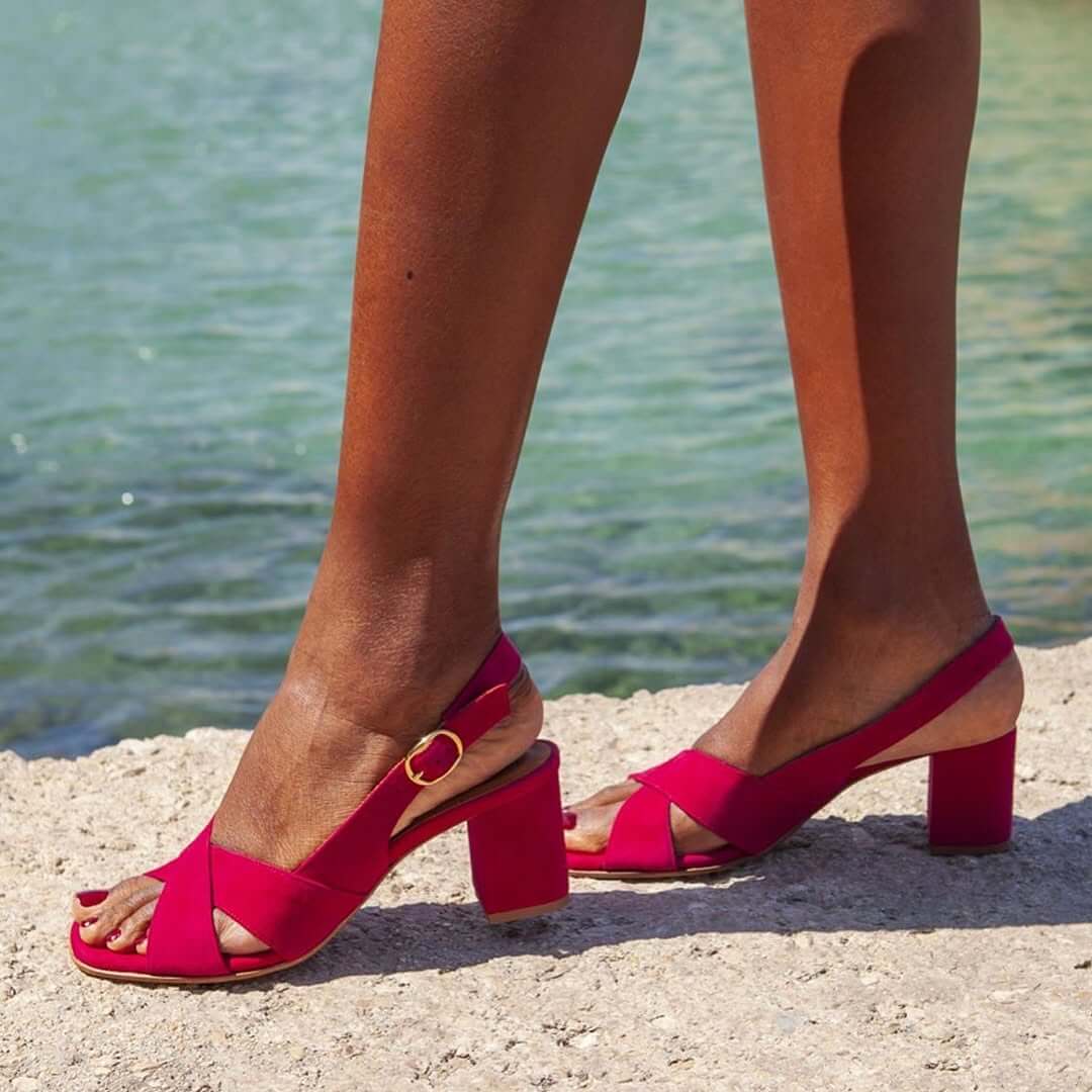 Dominika | Modré slingback boty se širokým podpatkem